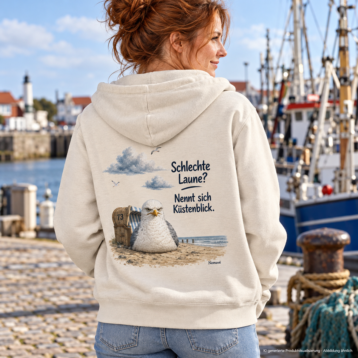 Frau im Natural-Raw Küstenblick Bio-Zipper mit sichtbarem Rückenmotiv am Hafen – KI-Visualisierung