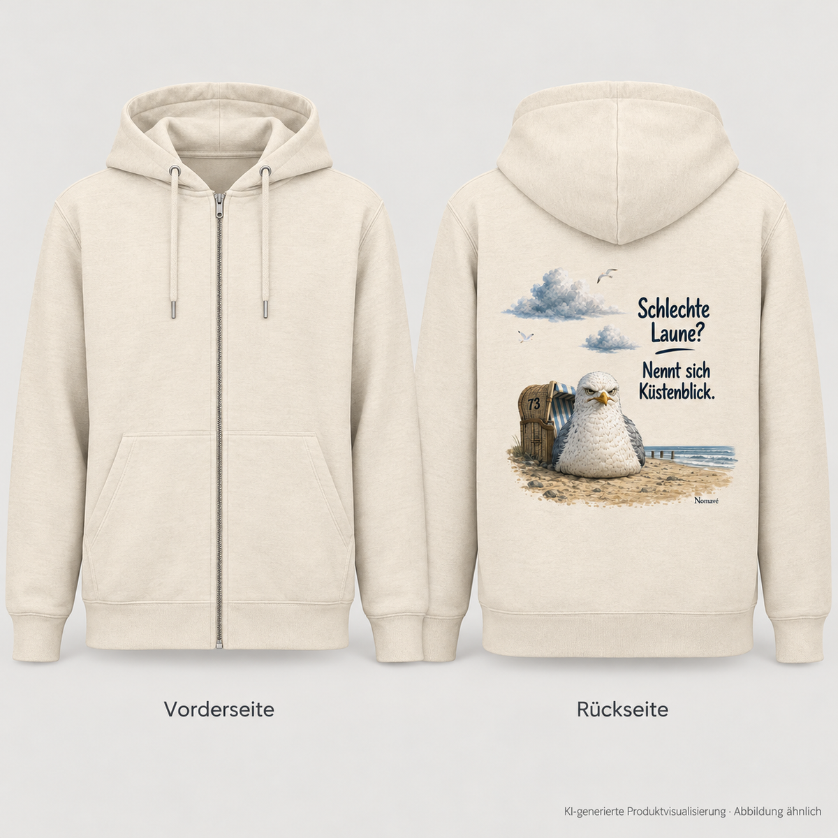 Küstenblick Bio-Zipper in Natural Raw – Split-Ansicht: Vorderseite ohne Aufdruck und Rückseite mit Möwe Alpha, KI-Visualisierung