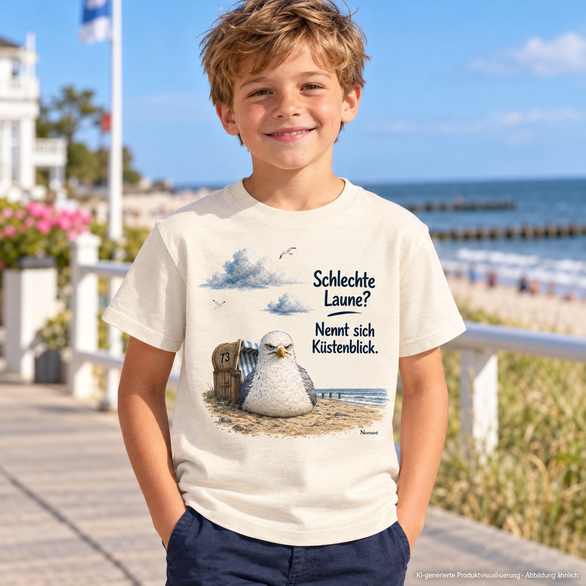 Junge im Natural-Raw Kinder Bio-Shirt mit Küstenblick-Frontmotiv an der Promenade – KI-Visualisierung