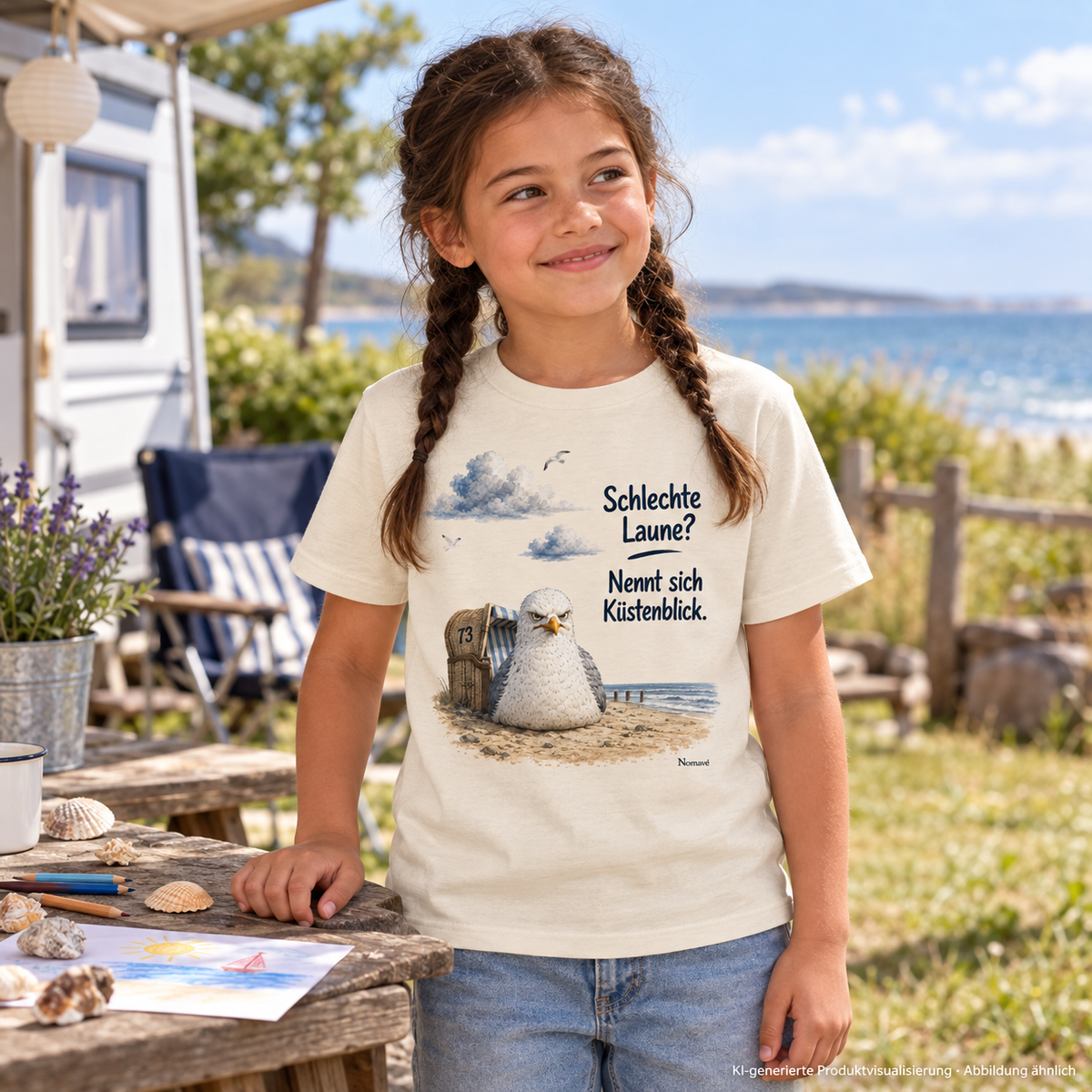 Mädchen im Natural-Raw Kinder Bio-Shirt mit Möwe Alpha am Camping-Picknicktisch – KI-Visualisierung