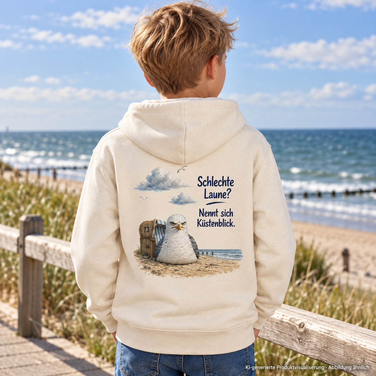 Junge im Natural-Raw Kinder Bio-Hoodie mit Küstenblick-Rückenmotiv auf der Promenade – KI-Visualisierung