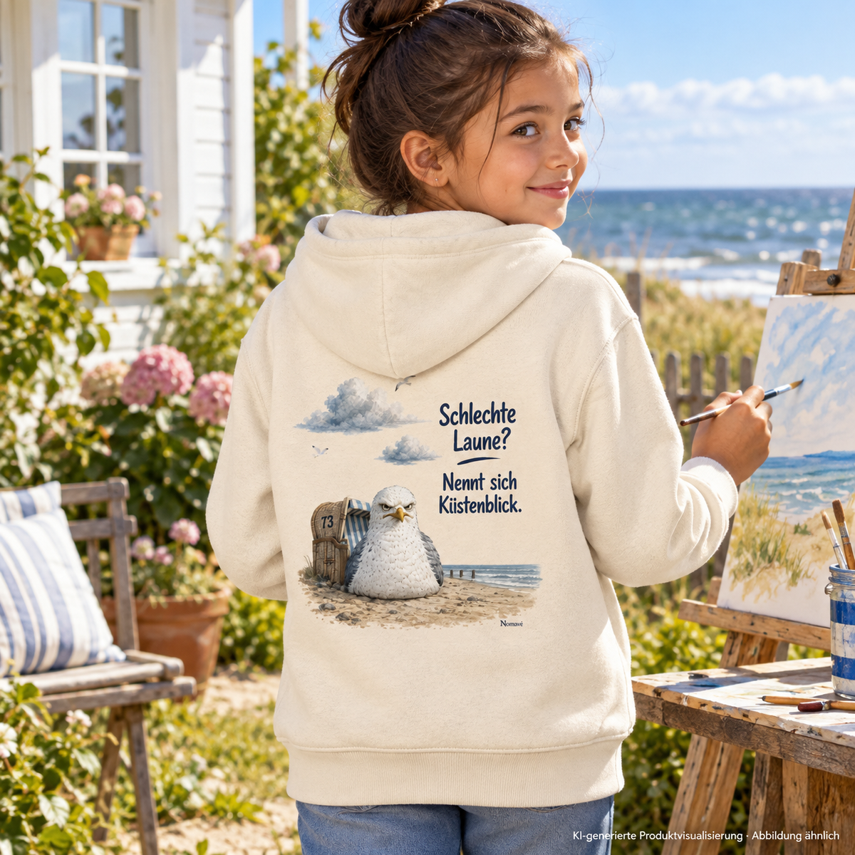 Mädchen im Natural-Raw Kinder Bio-Hoodie mit Möwe Alpha beim Malen im Küstengarten – KI-Visualisierung