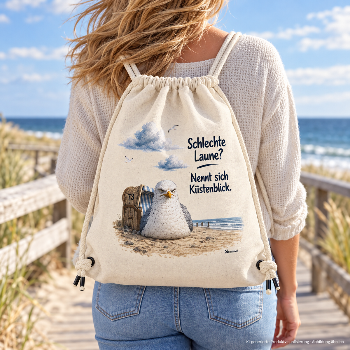 Natural Küstenblick Gym-Bag mit Möwe Alpha als Kordelrucksack auf der Strandpromenade – KI-Visualisierung