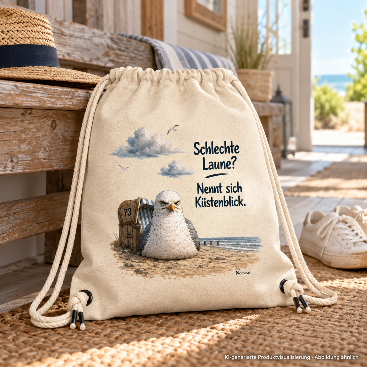 Natural Canvas Gym-Bag mit Küstenblick-Außenmotiv neben einer Bank im Ferienhaus – KI-Visualisierung