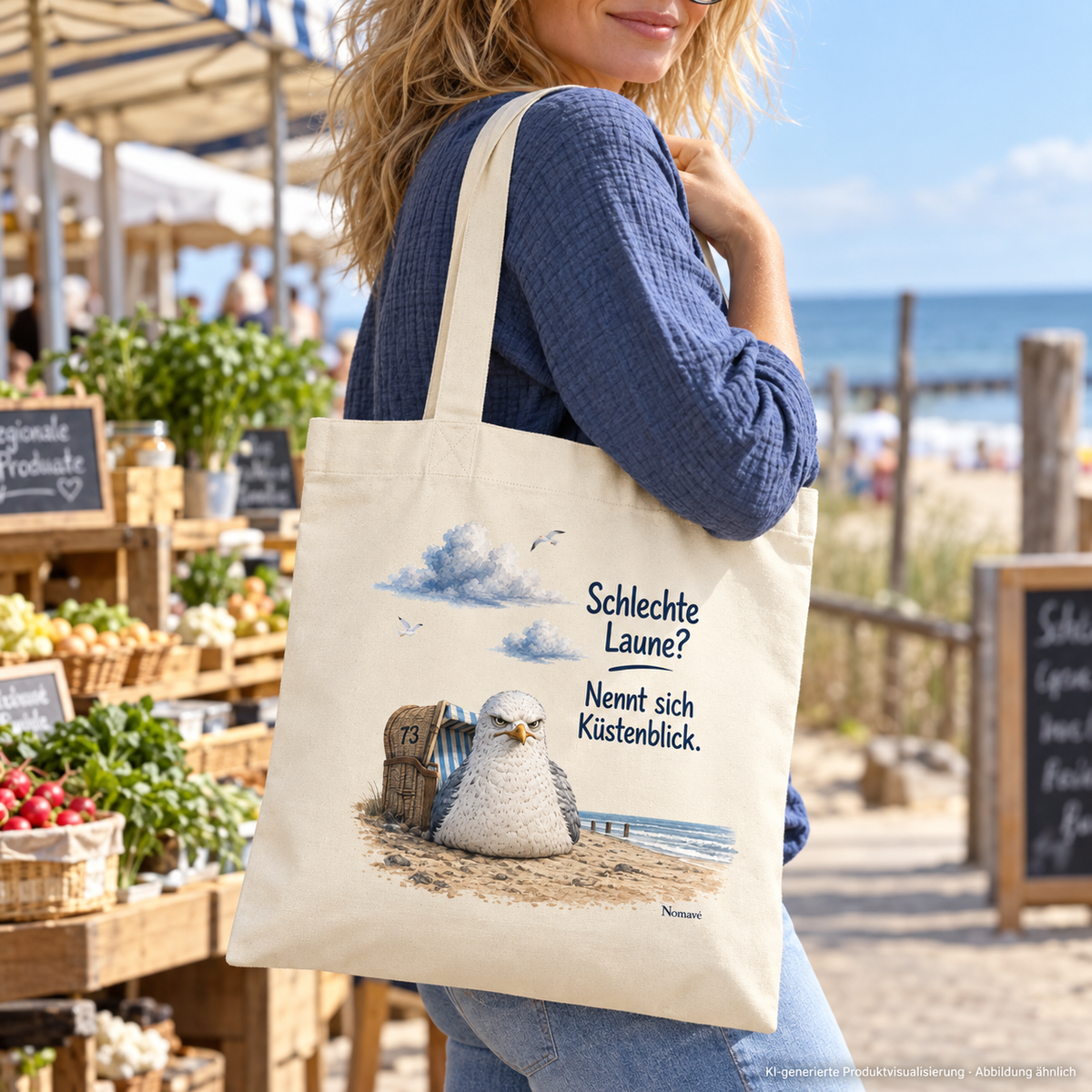 Frau mit Natural Küstenblick Tote-Bag und Möwe Alpha auf dem Küstenmarkt – KI-Visualisierung