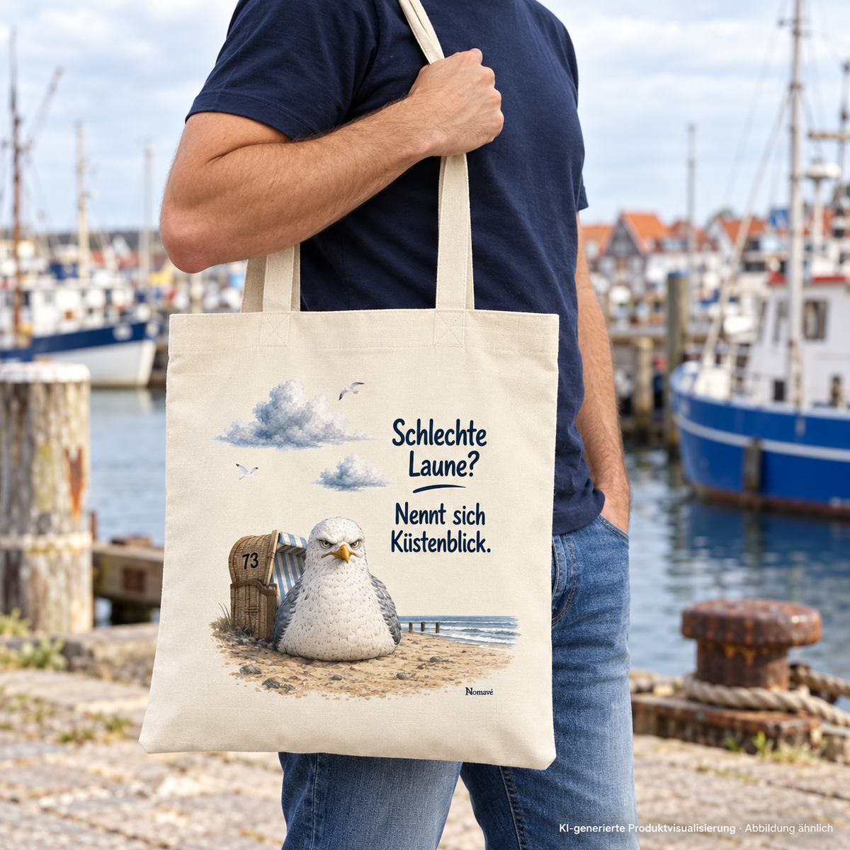 Mann mit Natural Canvas Tote-Bag und Küstenblick-Außenmotiv am Hafen – KI-Visualisierung
