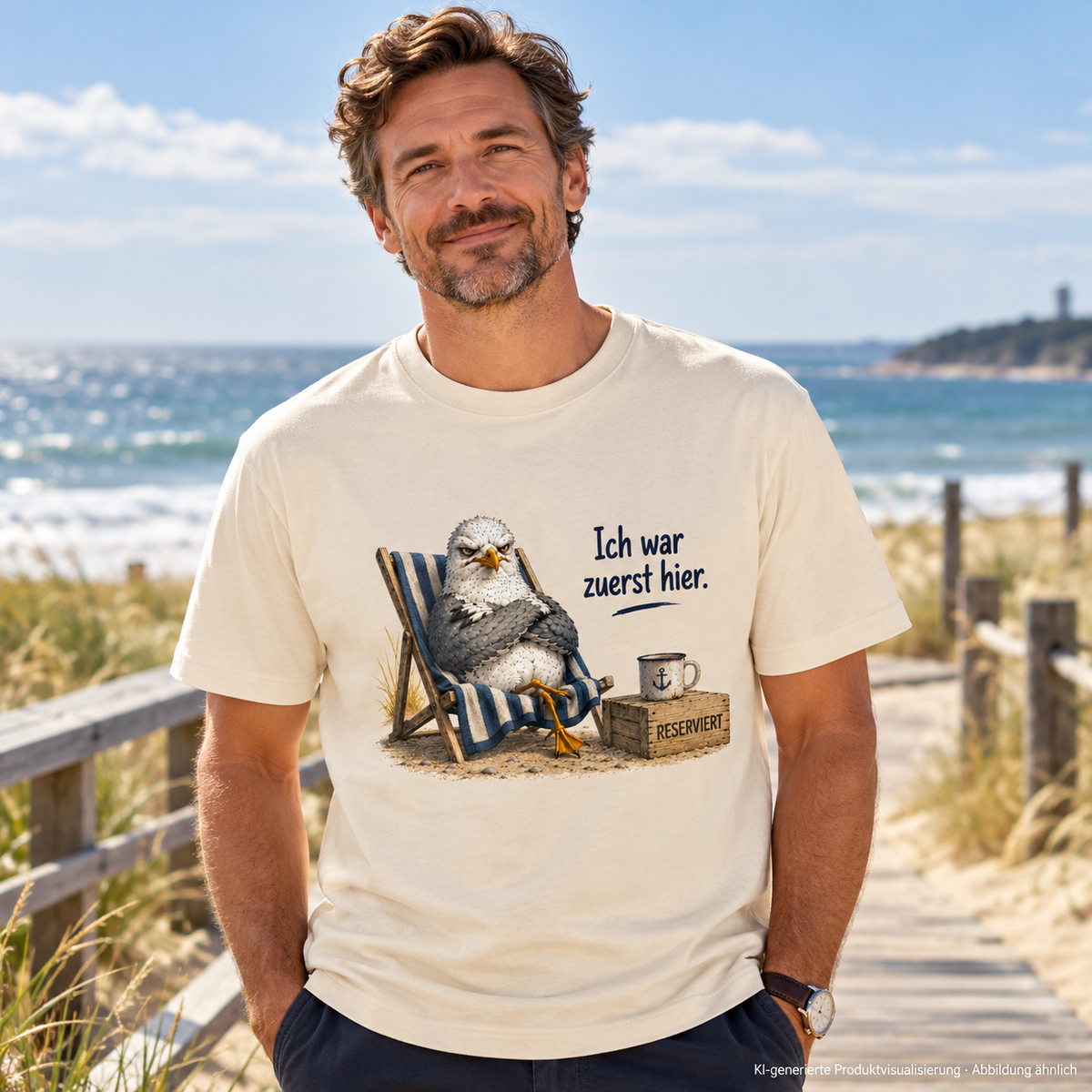 Mann im Natural-Raw Bio-Heavy-Shirt mit Ich war zuerst hier Frontmotiv auf der Strandpromenade – KI-Visualisierung