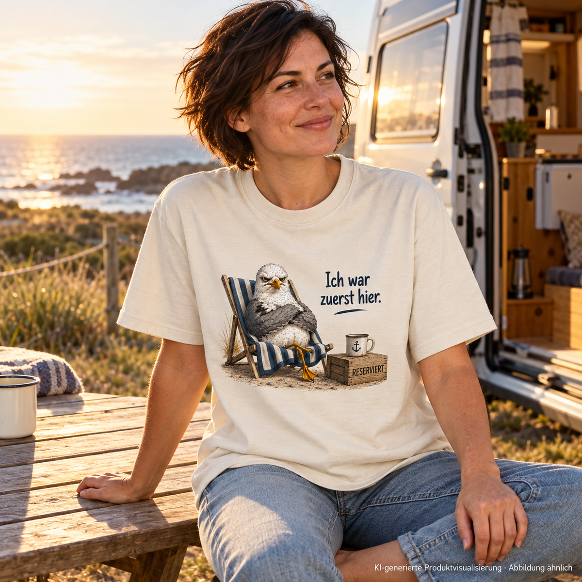 Frau im Natural-Raw Bio-Heavy-Shirt mit Möwe Alpha beim Camping am Meer – KI-Visualisierung