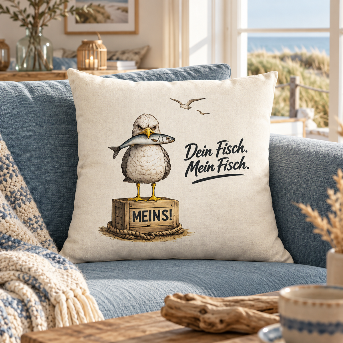Naturfarbenes 40 × 40 cm Kissen mit Möwe, Fisch und „Dein Fisch. Mein Fisch.“ auf einem Sofa im Küstenhaus