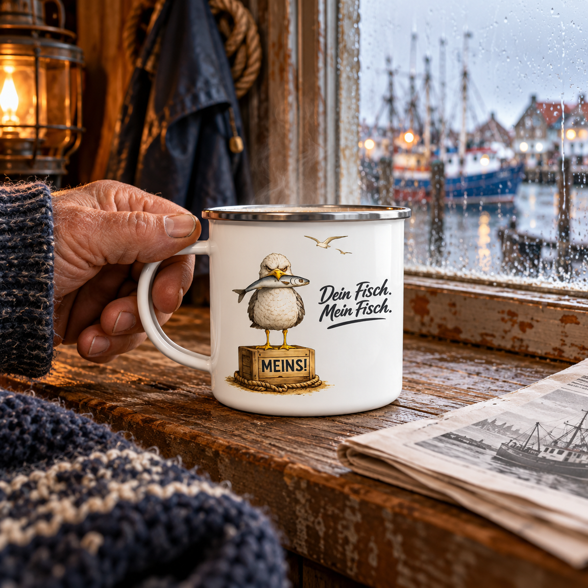 Emaille-Tasse mit Silberrand und Möwe Alpha am regnerischen Hafenfenster