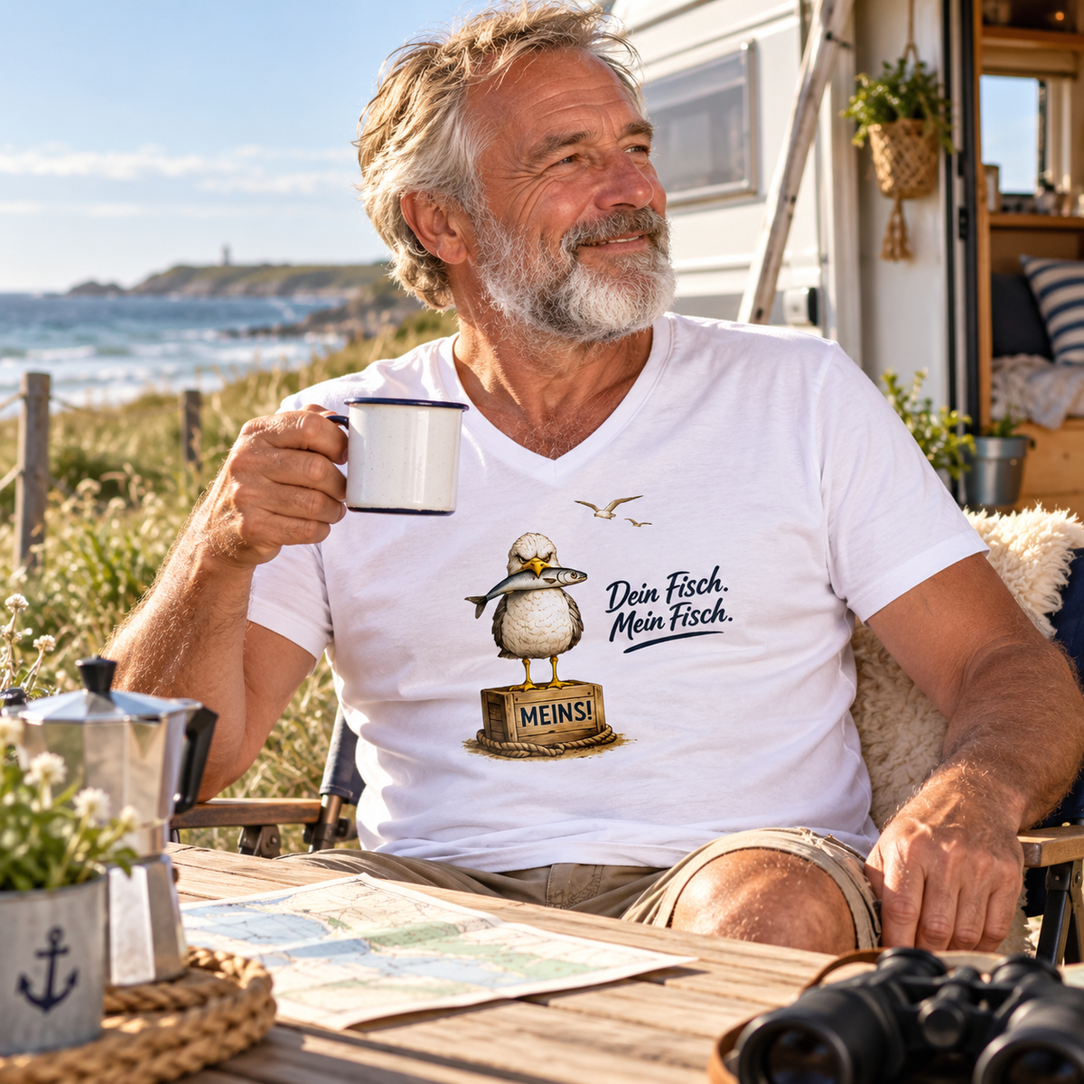 Älterer Mann im weißen Herren V-Neck mit „Dein Fisch. Mein Fisch.“ als Frontprint beim Küstencamping