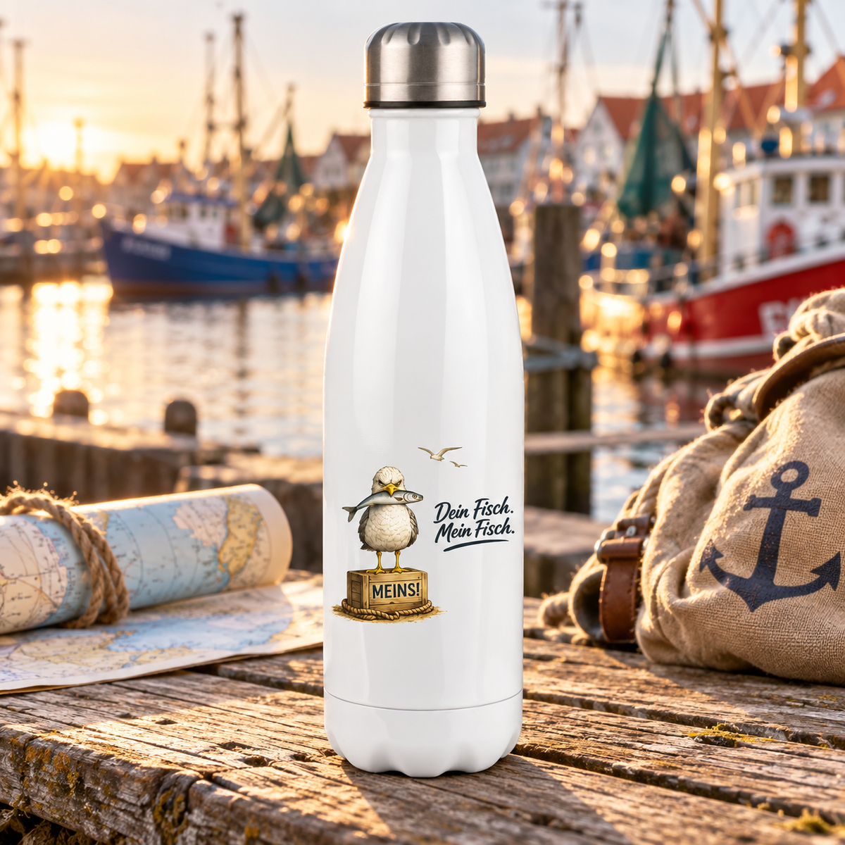 Weiße Thermoflasche mit Möwe Alpha, Fisch und „Dein Fisch. Mein Fisch.“ am Hafen