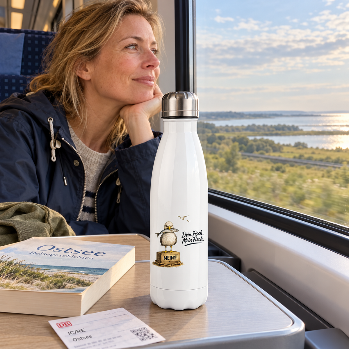 Weiße 500-ml-Thermoflasche mit Fisch-Möwe auf einem Zugtisch auf der Reise zur Küste