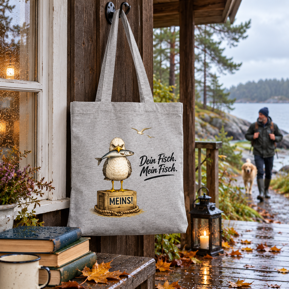 Heather-Grey Tragetasche mit Fisch-Möwe an einer Küstenhaus-Veranda