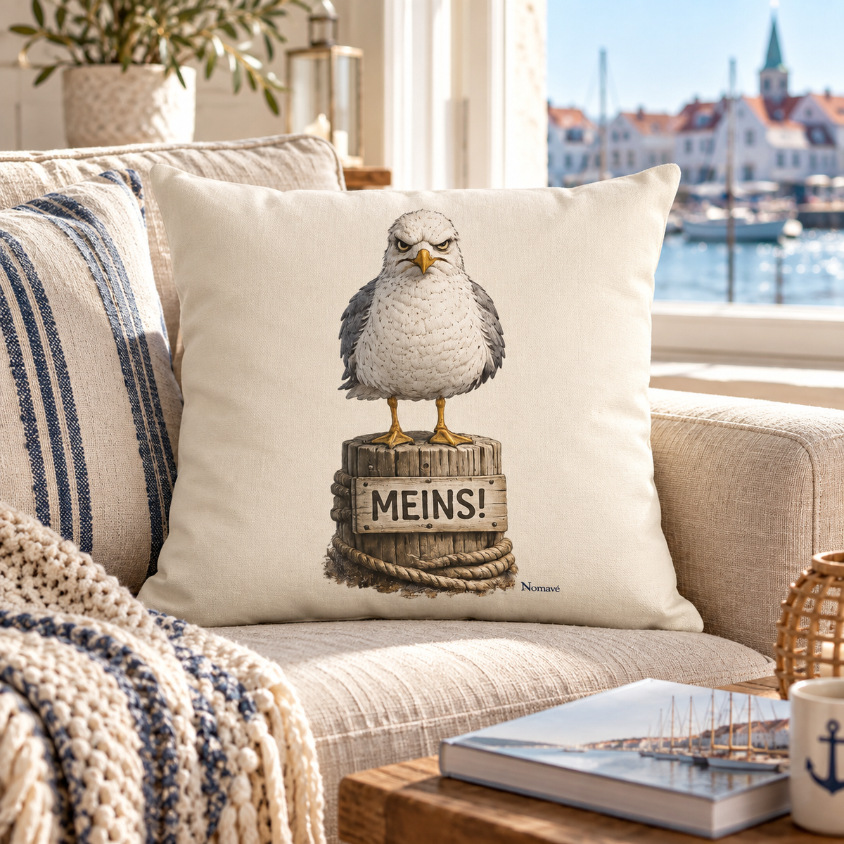 Naturfarbenes 40 × 40 cm Kissen mit Alpha-Möwe auf Poller und „MEINS!“ auf einem Sofa im Küstenferienhaus