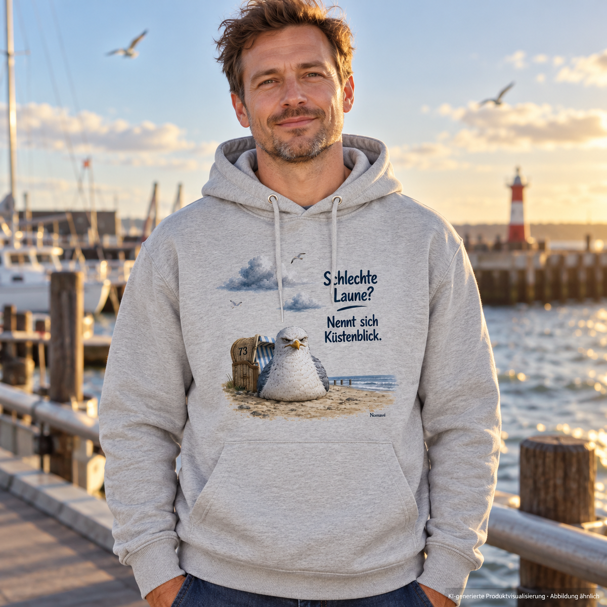 Mann im Heather-Grey Küstenblick Bio-Hoodie mit lesbarem Frontprint am Hafen – KI-Lifestyle 2