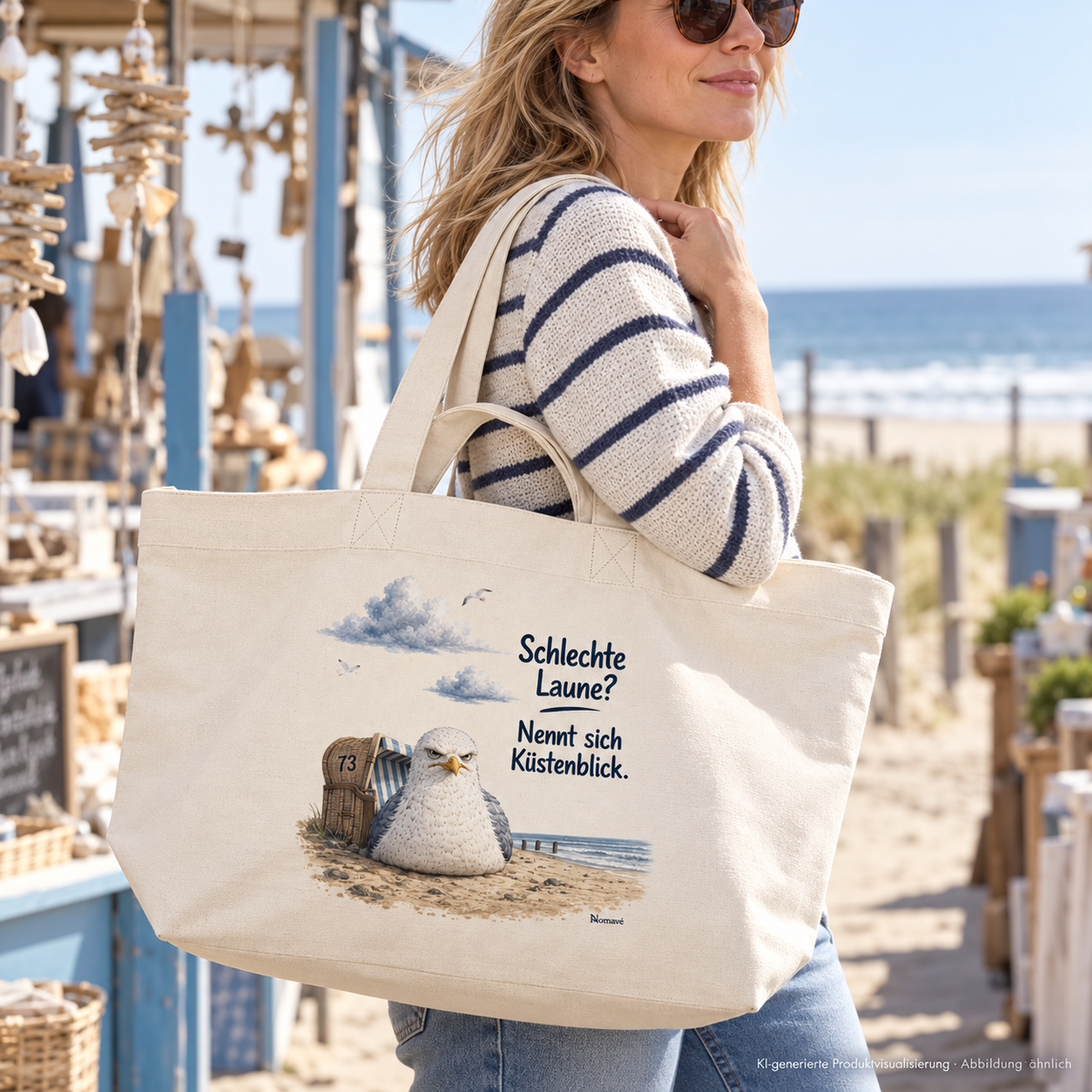 Natural-Raw Küstenblick Shopping-Bag mit Möwe Alpha auf einem Küstenmarkt – KI-Visualisierung