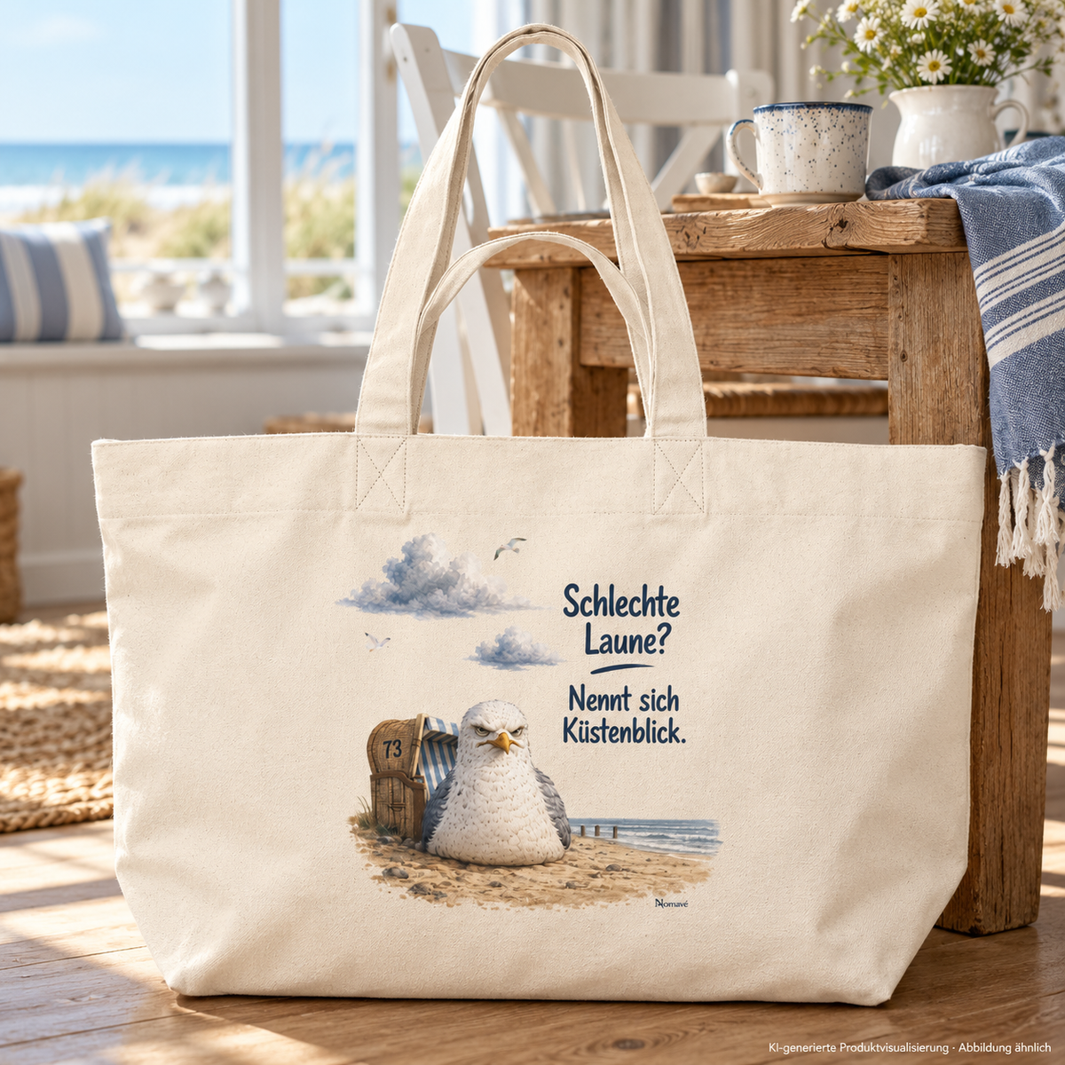 Breite Natural-Raw Shopping-Bag mit Küstenblick-Außenmotiv im Ferienhaus – KI-Visualisierung