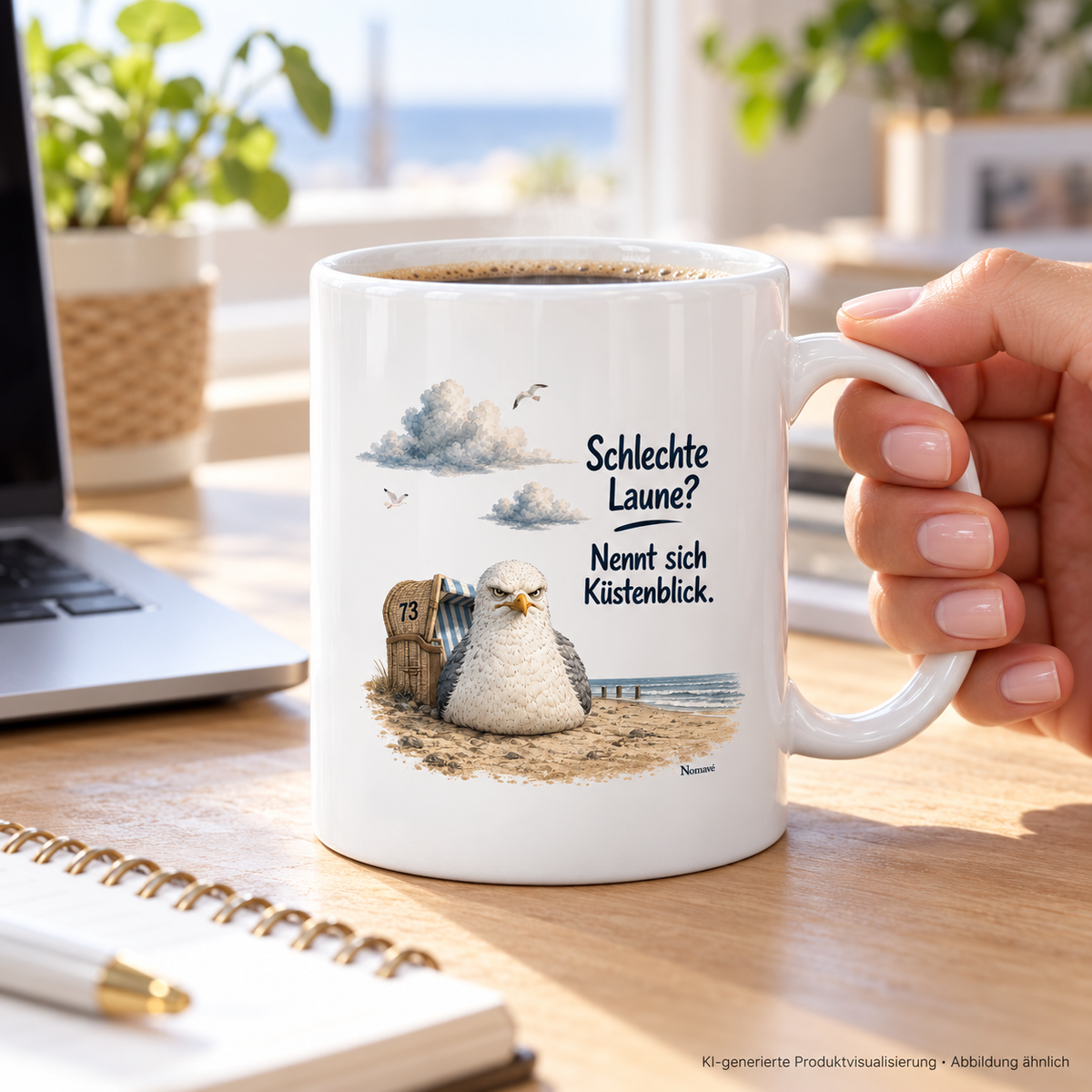 Glänzend weiße Küstenblick-Tasse mit lesbarem Außenmotiv in der Hand am Schreibtisch – KI-Lifestyle 2