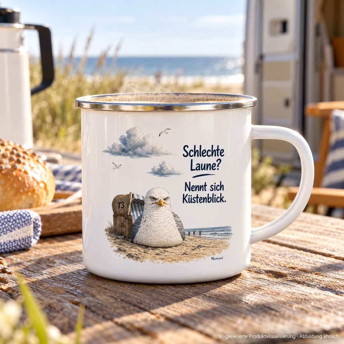 Weiße Küstenblick Emaille-Tasse mit Silberrand beim Campingfrühstück – KI-Visualisierung