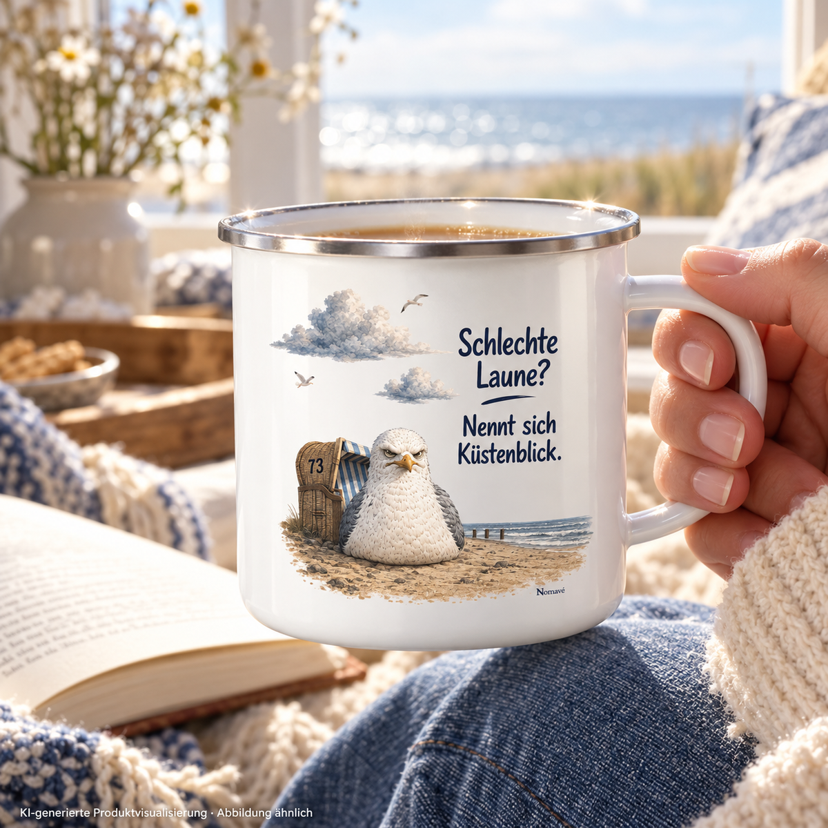 Küstenblick Emaille-Tasse mit Möwe Alpha in der Hand am Ferienhausfenster – KI-Visualisierung