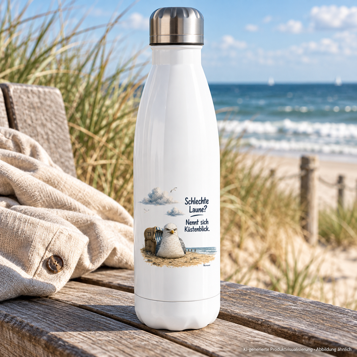 Weiße Küstenblick-Thermoflasche mit Möwe Alpha und Silberdeckel auf einer Bank am Dünenstrand – KI-Lifestyle 1