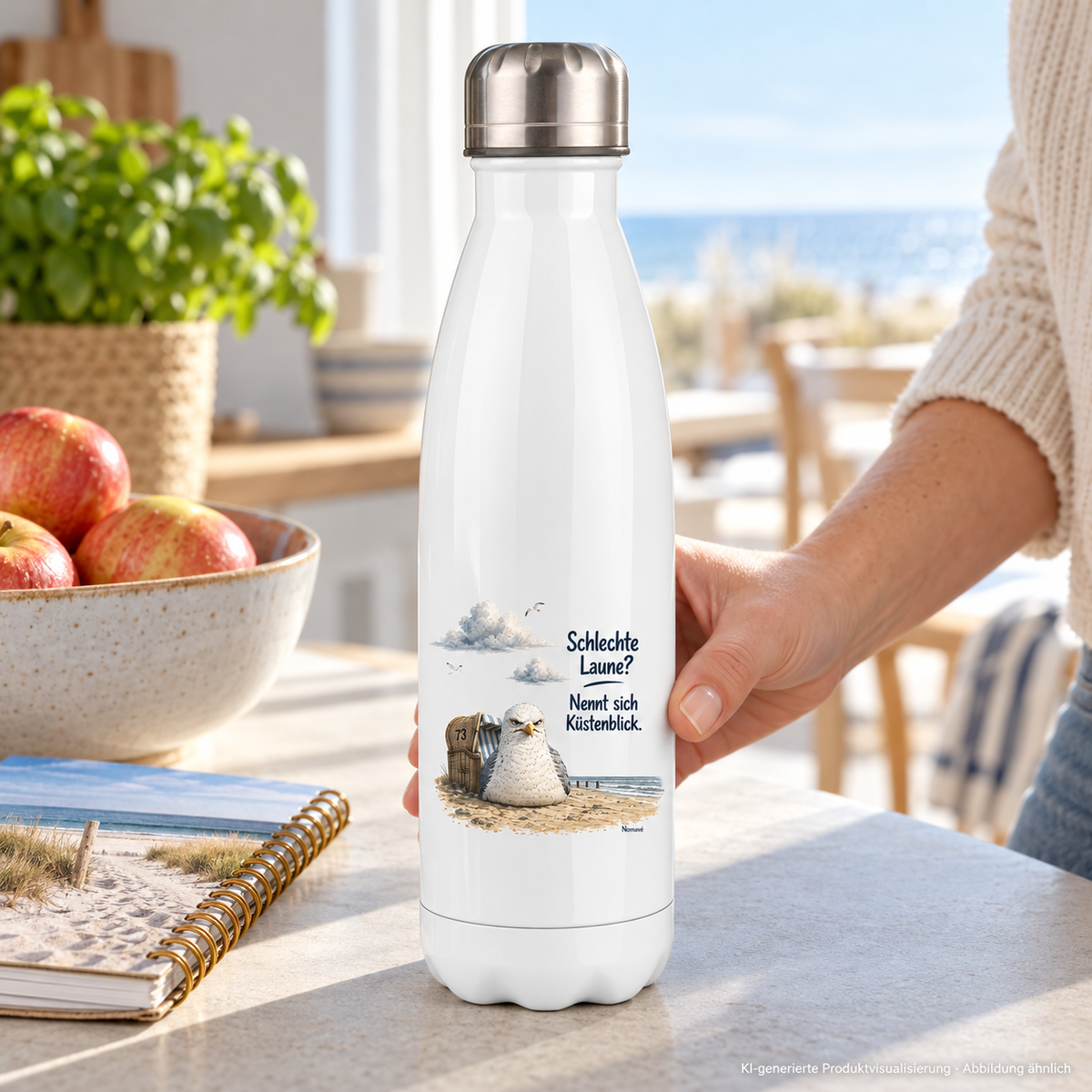 Küstenblick-Thermoflasche mit Außenmotiv neben Reiseheft in heller Ferienküche – KI-Lifestyle 2
