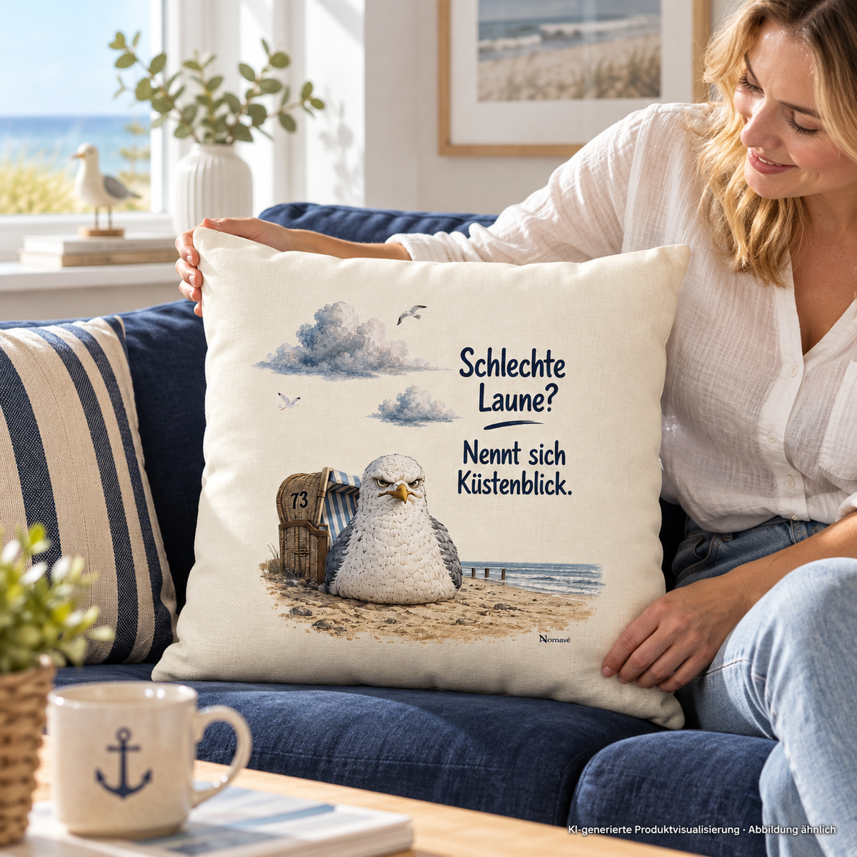 Frau platziert das Küstenblick Naturkissen mit Frontmotiv auf blauem Sofa in einer Ferienwohnung – KI-Lifestyle 2