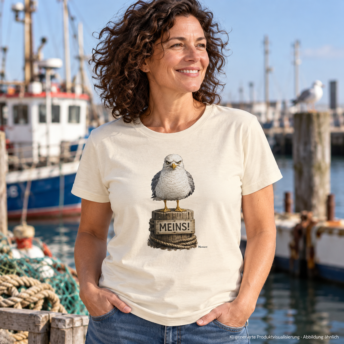 Frau im Natural-Raw Damen Bio-Shirt MEINS! mit Möwe Alpha auf dem Poller am Hafen – KI-Lifestyle 1