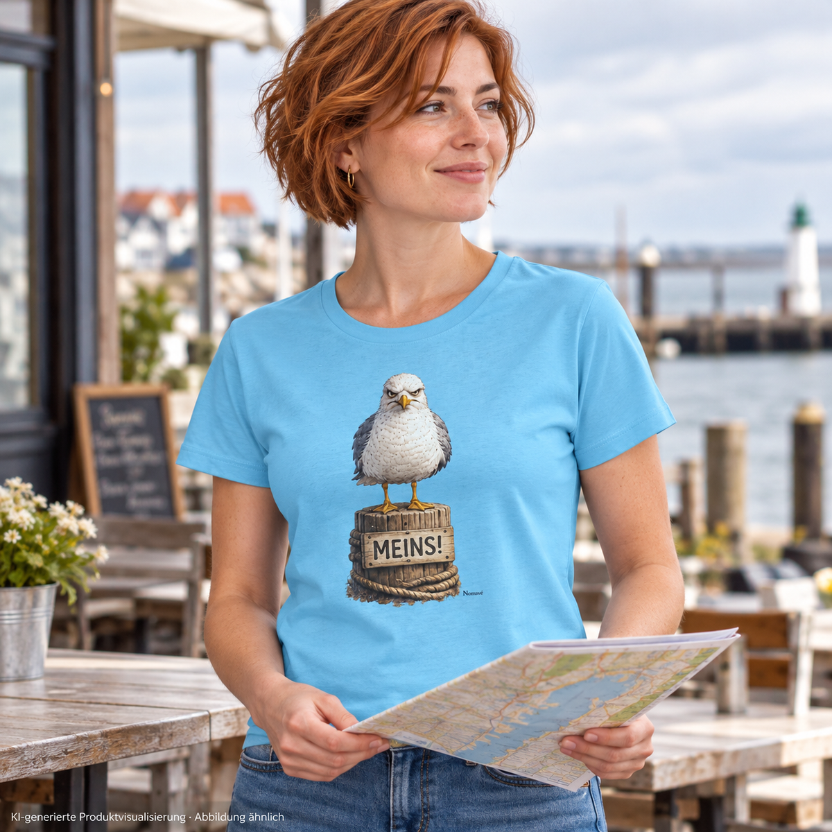 Frau im Aqua-Blue MEINS! Damen Bio-Shirt mit sichtbarem Frontprint auf einer Caféterrasse – KI-Lifestyle 2
