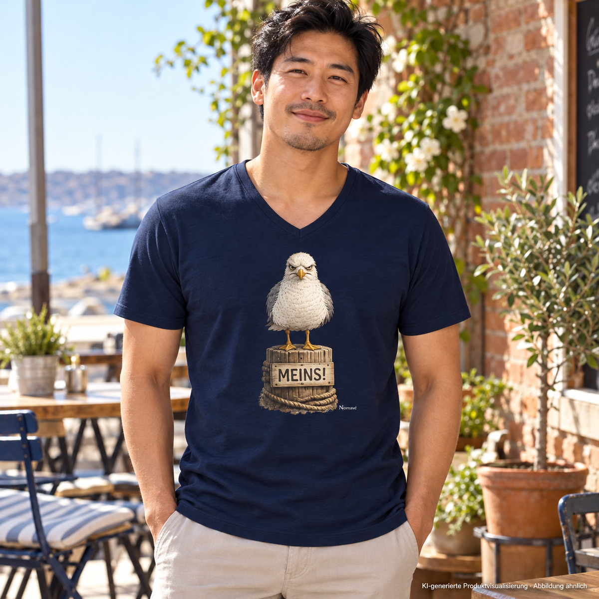 Mann im French-Navy MEINS! Herren Bio-Shirt mit V-Ausschnitt und Frontprint im Küstencafé – KI-Lifestyle 2