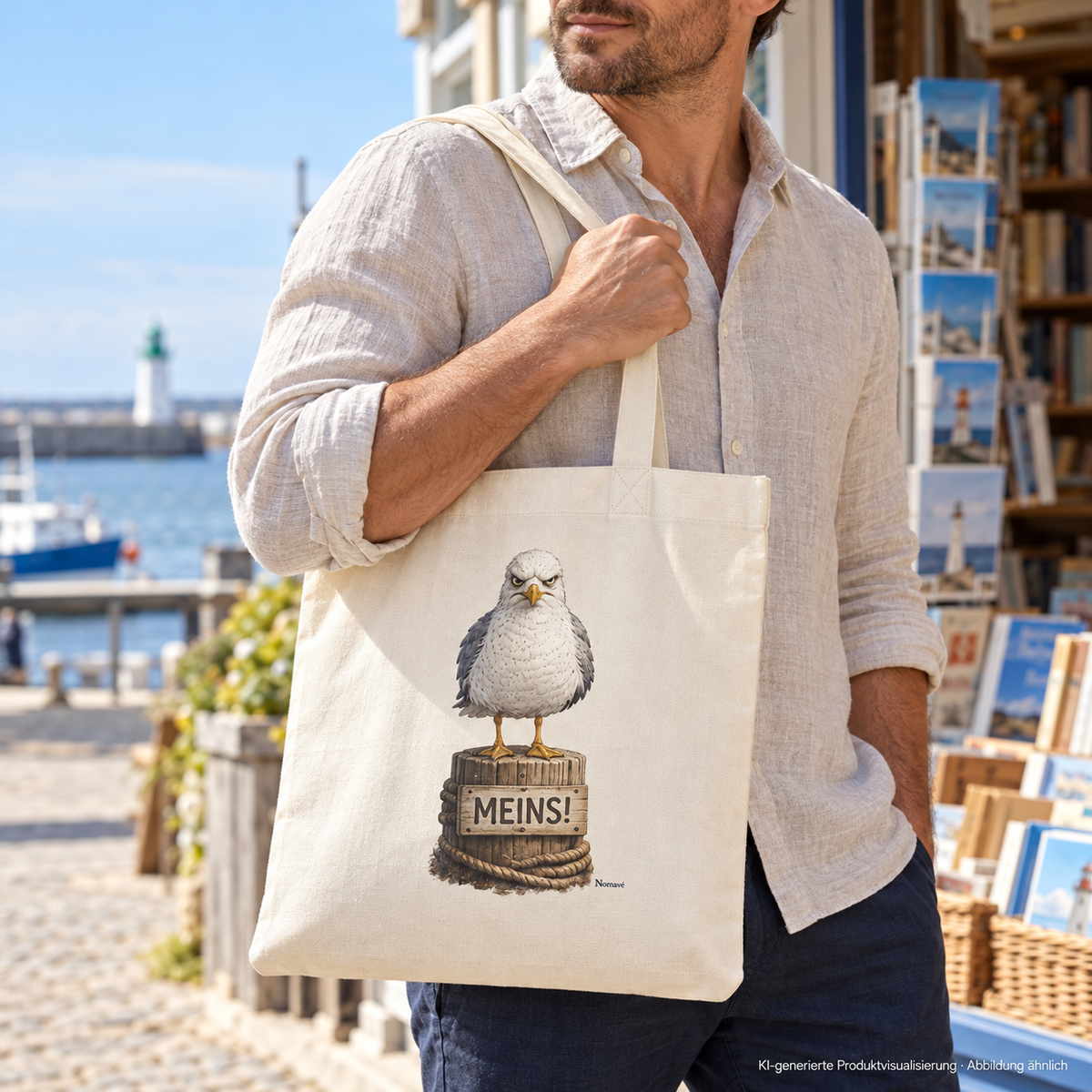 Natural MEINS! Tote-Bag mit Möwe Alpha am Poller getragen vor einer Buchhandlung am Meer – KI-Lifestyle 1