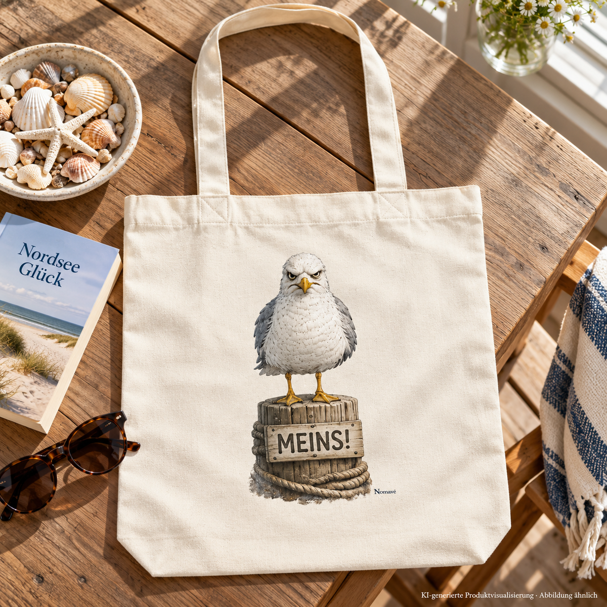 MEINS! Stofftasche in Natural mit langen Henkeln neben Buch auf dem Ferienhaustisch – KI-Lifestyle 2