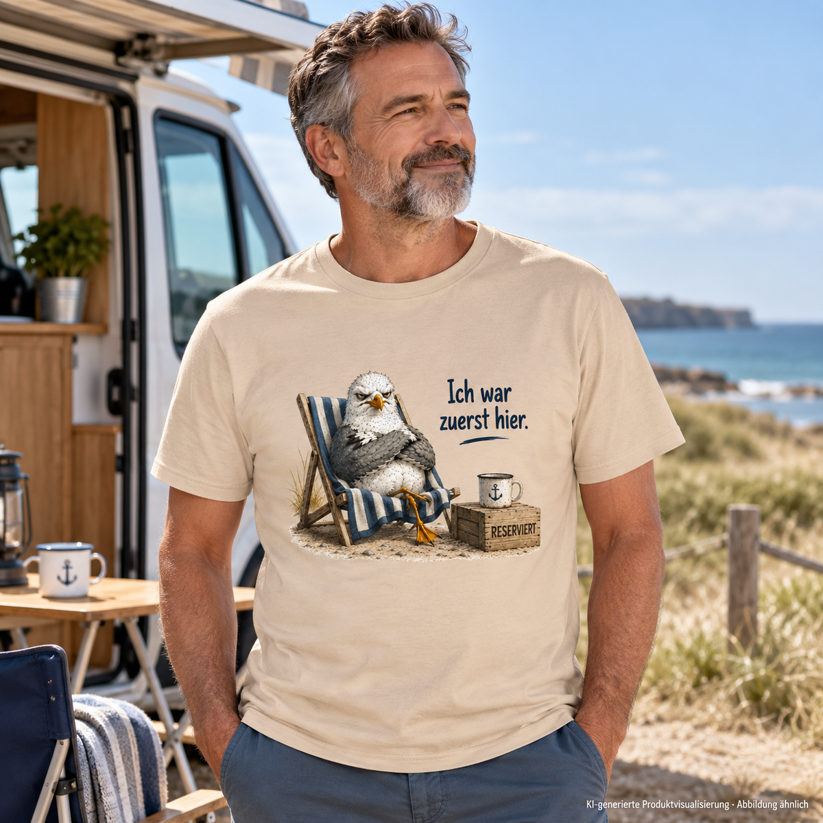 Mann im Natural Essential T-Shirt Ich war zuerst hier mit Möwe im Strandstuhl am Küstencampingplatz – KI-Lifestyle 1