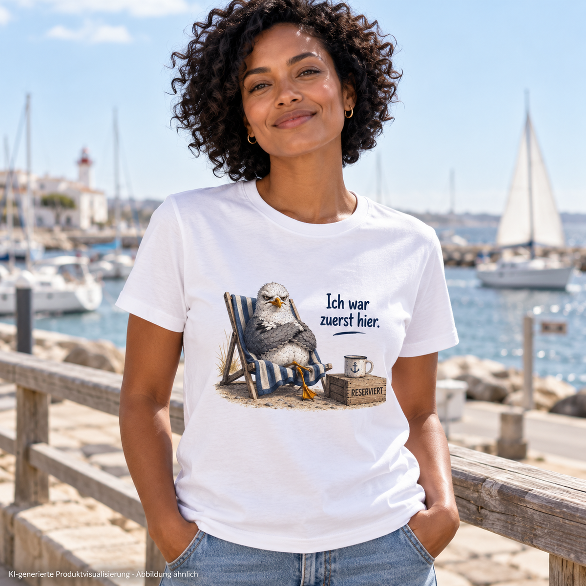 Frau im weißen Essential Unisex T-Shirt Ich war zuerst hier mit sichtbarem Frontmotiv am Hafen – KI-Lifestyle 2