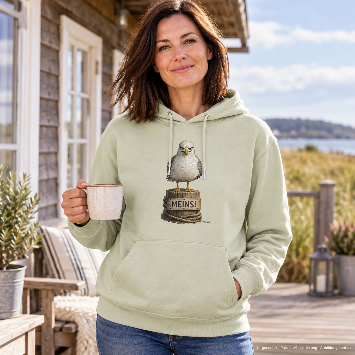 Frau im Aloe MEINS! Bio-Hoodie mit Möwe Alpha auf einer Ferienhausveranda – KI-Lifestyle 2