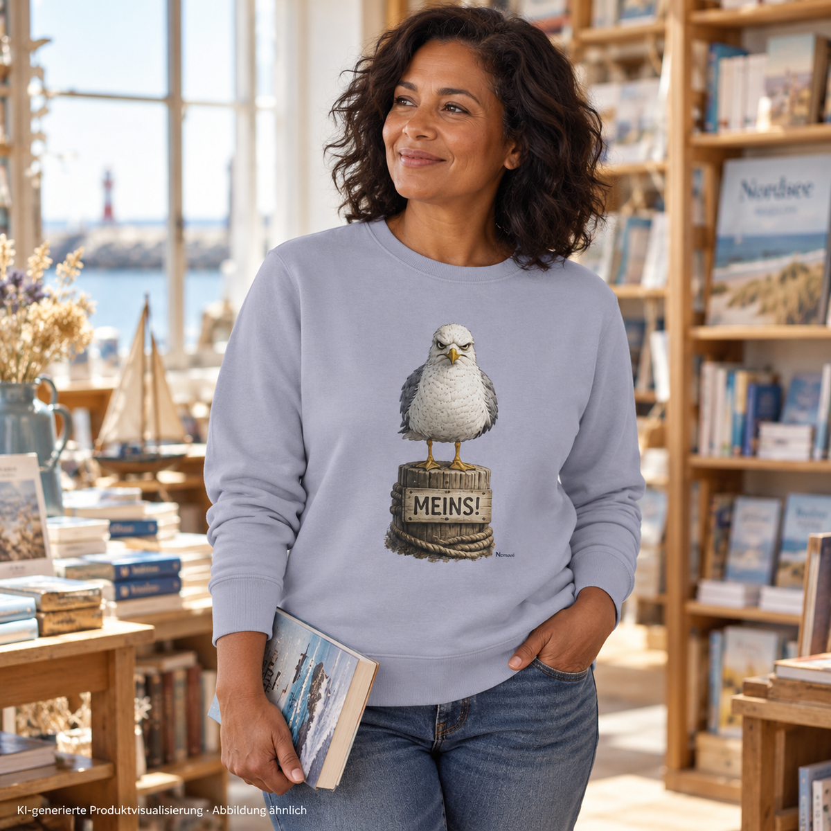 Frau im Serene-Blue MEINS! Bio-Sweatshirt mit Möwe Alpha als Frontprint in einer Buchhandlung – KI-Lifestyle 2