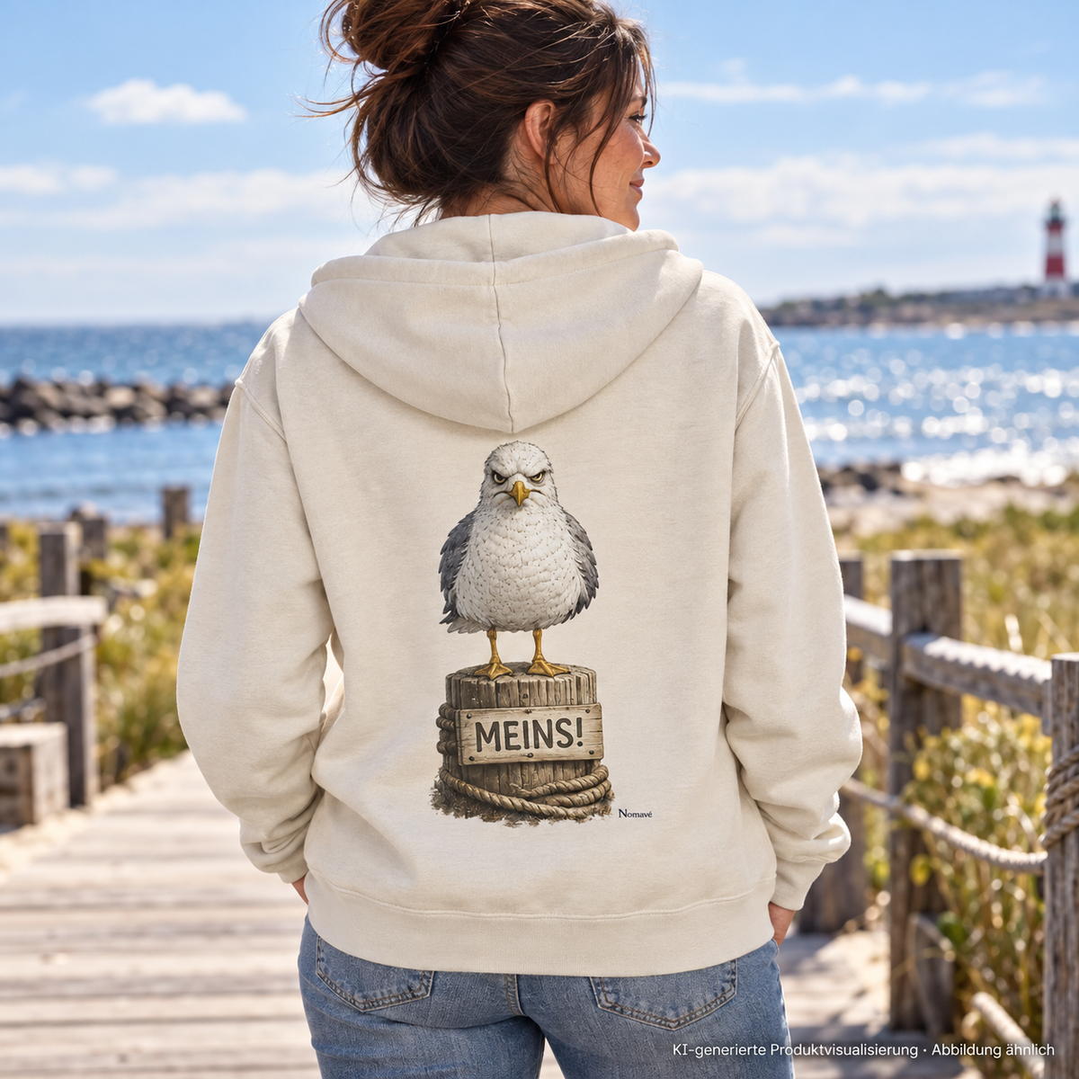 Frau im Natural-Raw MEINS! Bio-Zipper mit vollständigem Rückenprint auf dem Küstensteg – KI-Lifestyle 1