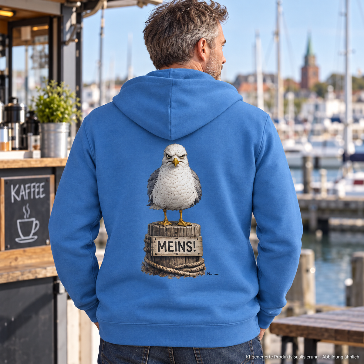 Mann im Bright-Blue MEINS! Bio-Zipper mit Möwe Alpha am Rücken vor einem Hafencafé – KI-Lifestyle 2