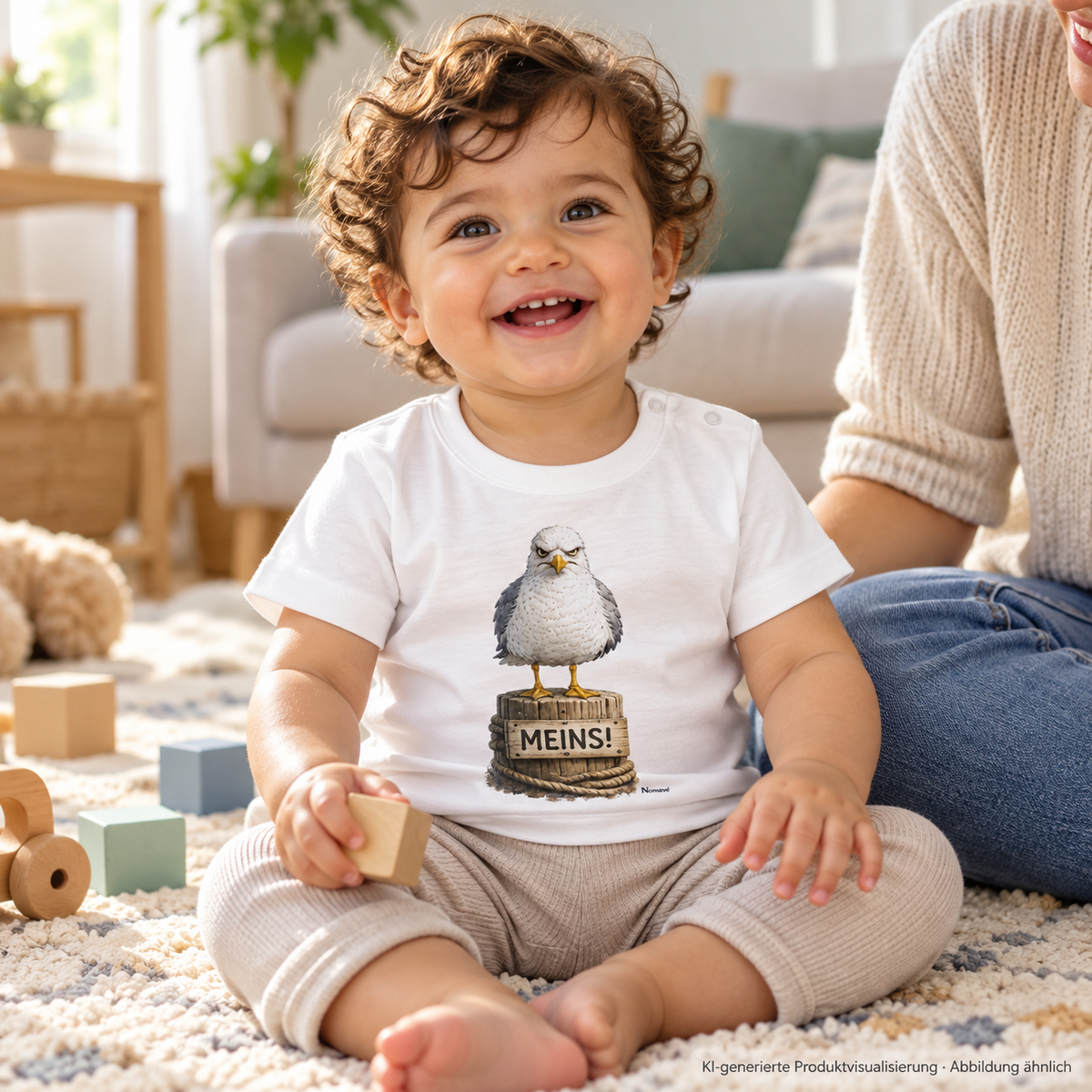 Baby im weißen MEINS! Bio-Shirt mit Frontmotiv neben einem Elternteil auf der Spielmatte – KI-Lifestyle 2