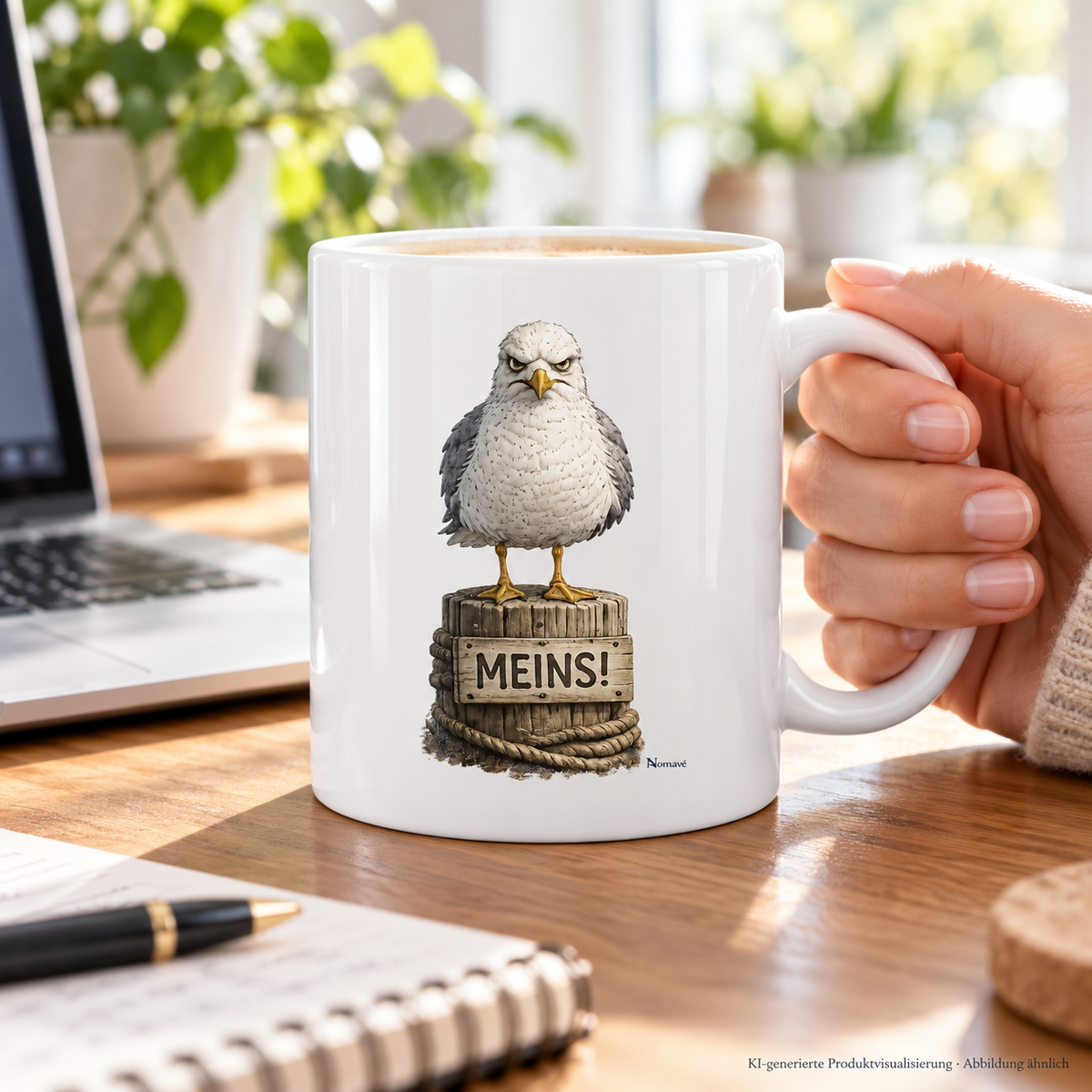 MEINS! Glossy-Tasse mit Außenmotiv am Henkel gehalten neben einem Laptop – KI-Lifestyle 2