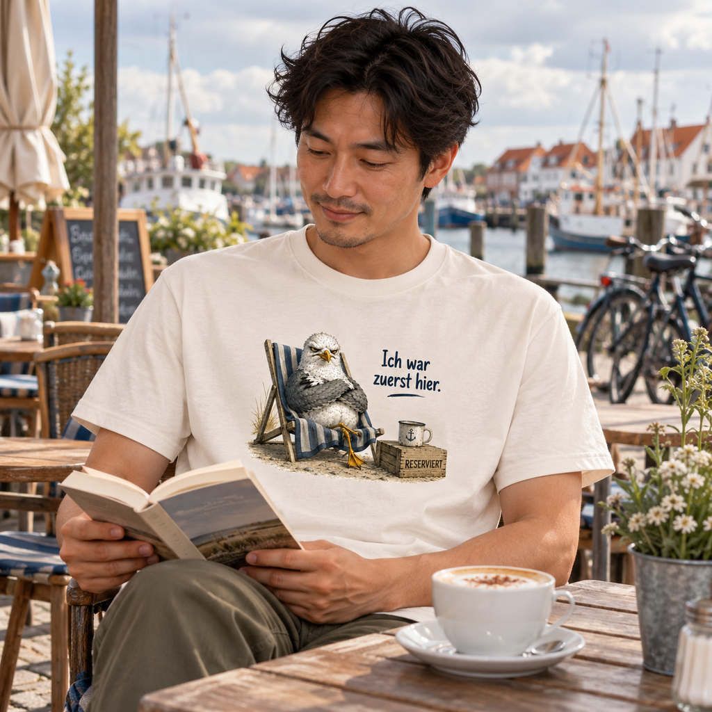 Mann im Vintage-White Unisex Bio T-Shirt mit Möwe Alpha und „Ich war zuerst hier.“ im Hafencafé