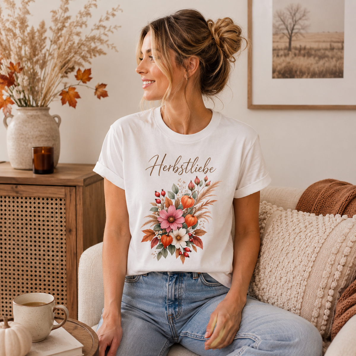 Frau trägt weißes Nomavé Damen T-Shirt Herbstliebe mit floralem Herbstmotiv aus Blumen, Lampionblumen und Blättern