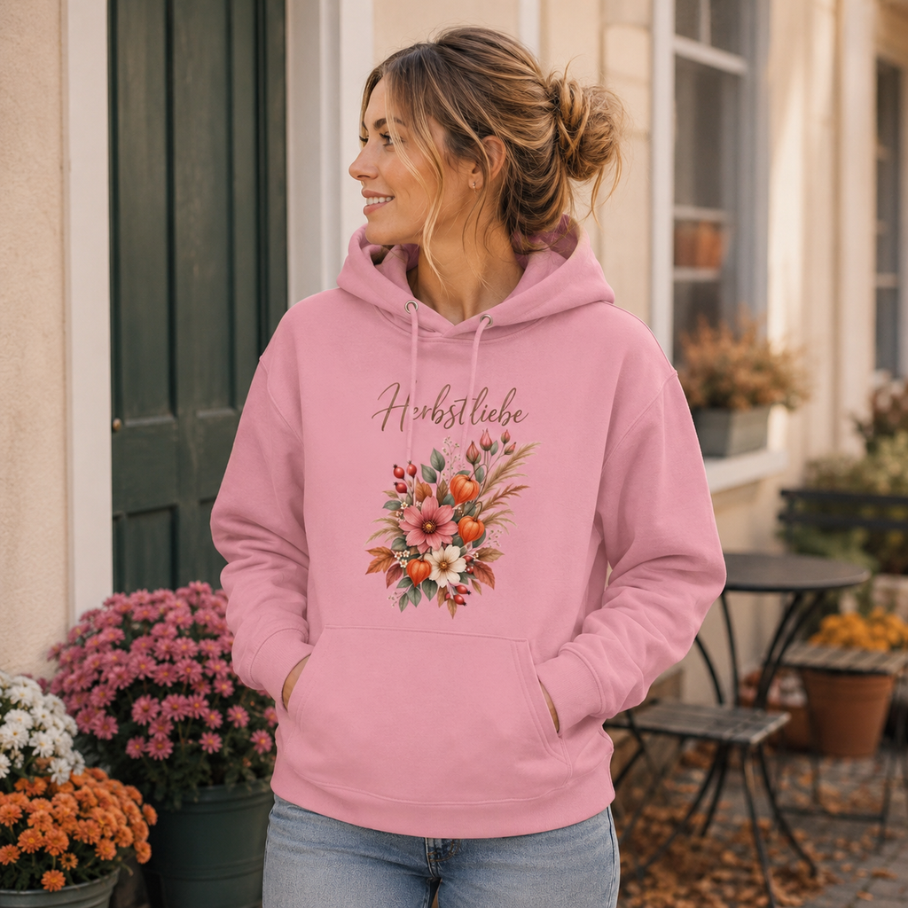 Frau trägt rosa Nomavé Unisex Hoodie Herbstliebe mit floralem Herbstmotiv aus Blumen, Lampionblumen und herbstlichen Blättern