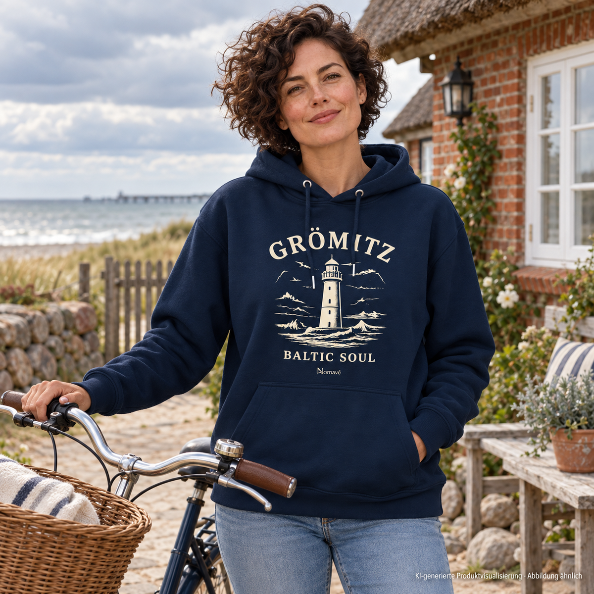 Frau mit Fahrrad vor einem Küstenhaus – Grömitz Baltic Soul Bio-Hoodie in French Navy mit Leuchtturm-Frontdruck; KI-Produktvisualisierung.