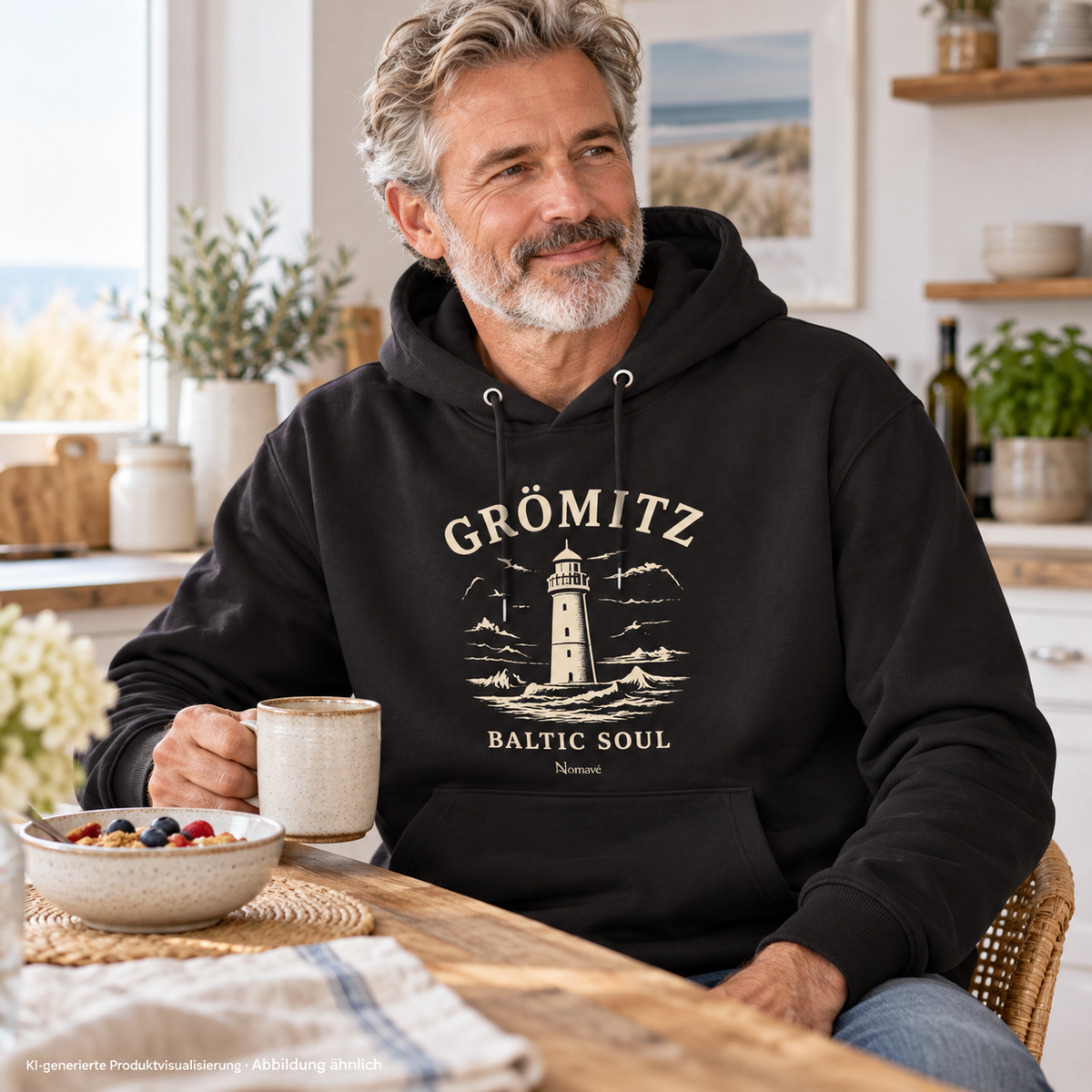 Mann am Frühstückstisch in einer hellen Küche – Grömitz Baltic Soul Bio-Hoodie in Black mit Leuchtturm-Frontdruck; KI-Produktvisualisierung.