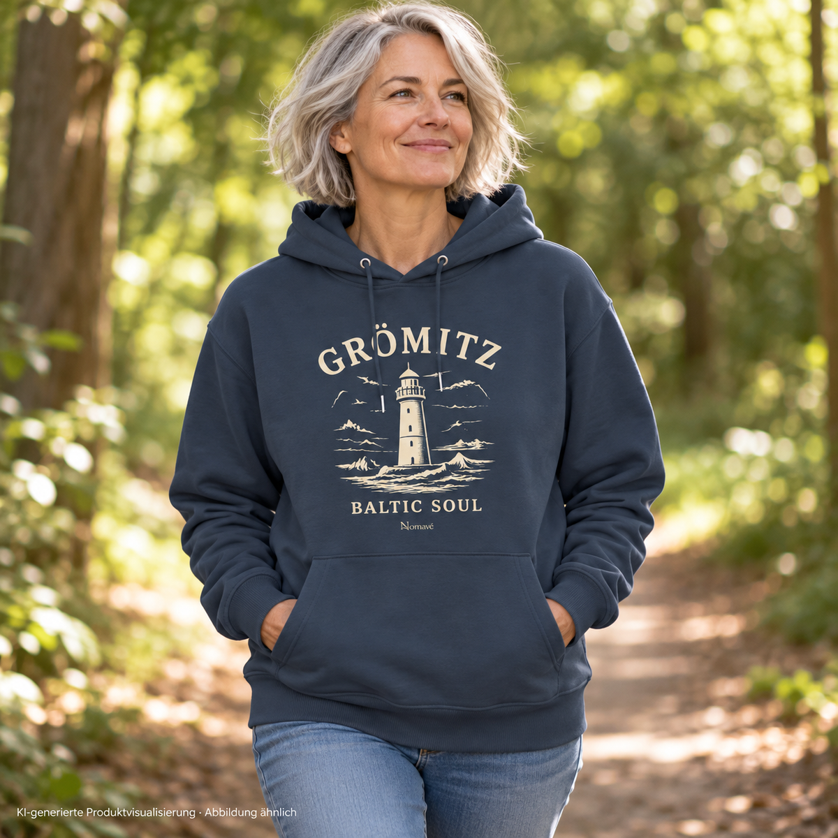 Frau auf einem Waldweg – Grömitz Baltic Soul Bio-Hoodie in India Ink Grey mit Leuchtturm-Frontdruck; KI-Produktvisualisierung.