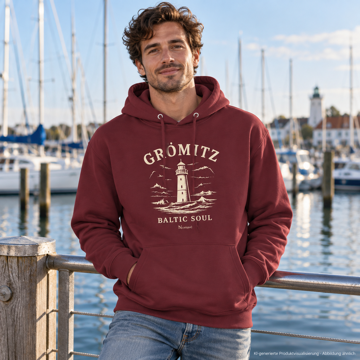 Mann am Geländer einer Marina – Grömitz Baltic Soul Bio-Hoodie in Burgundy mit Leuchtturm-Frontdruck; KI-Produktvisualisierung.