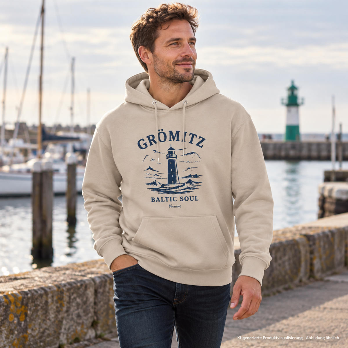 Mann bei einem Spaziergang am Hafen – Grömitz Baltic Soul Bio-Hoodie in Desert Dust mit Leuchtturm-Frontdruck; KI-Produktvisualisierung.