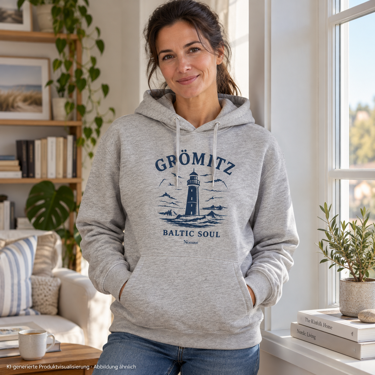Frau am Wohnzimmerfenster – Grömitz Baltic Soul Bio-Hoodie in Heather Grey mit Leuchtturm-Frontdruck; KI-Produktvisualisierung.